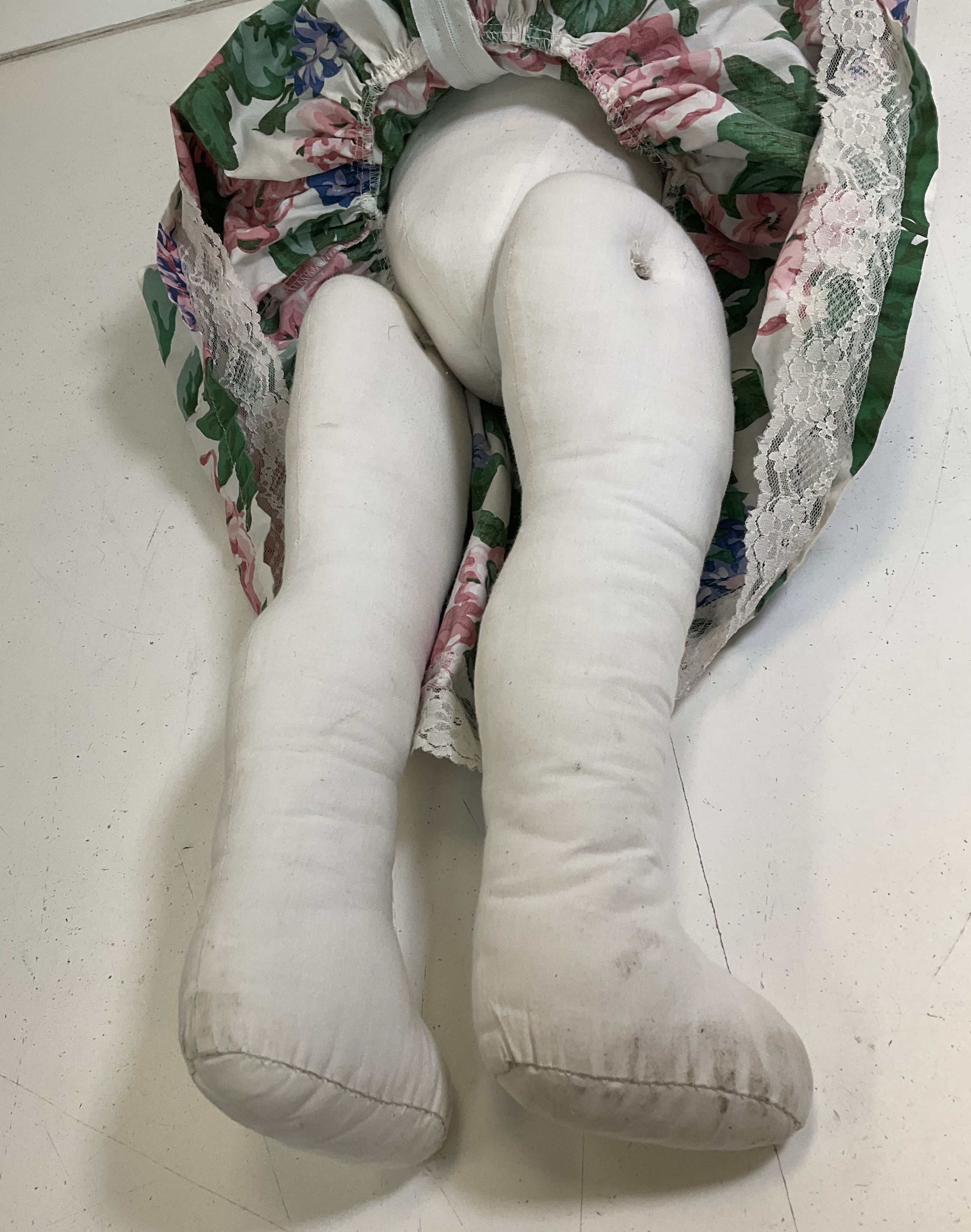 Vintage Handsewn Folk Art Cloth Rag Doll 16" Painted Face Floral Dress