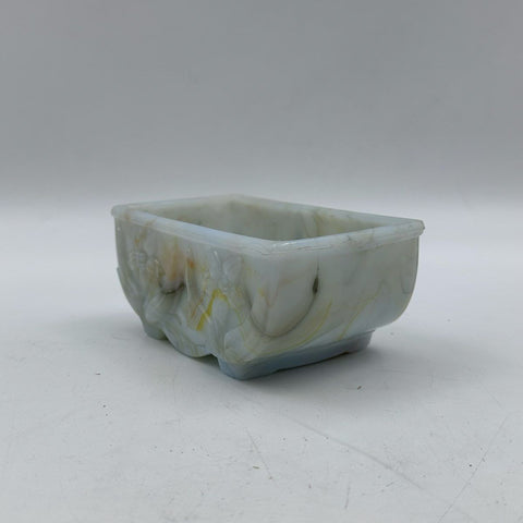 Vintage Slag Glass Planter Floral Lily Relief White Yellow Marbled 5 Inch