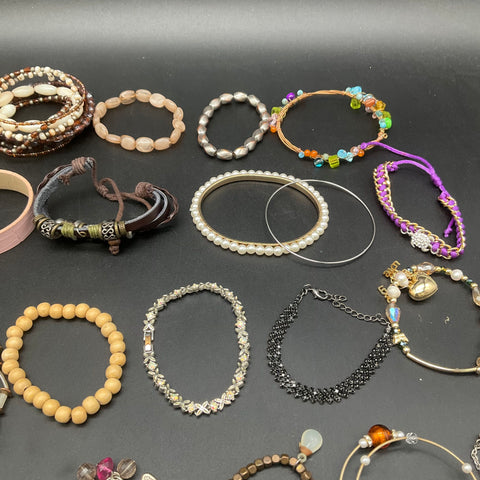 Vintage to Modern Costume Jewelry Lot 35 Pieces Beaded Bangle Charm Bracelets