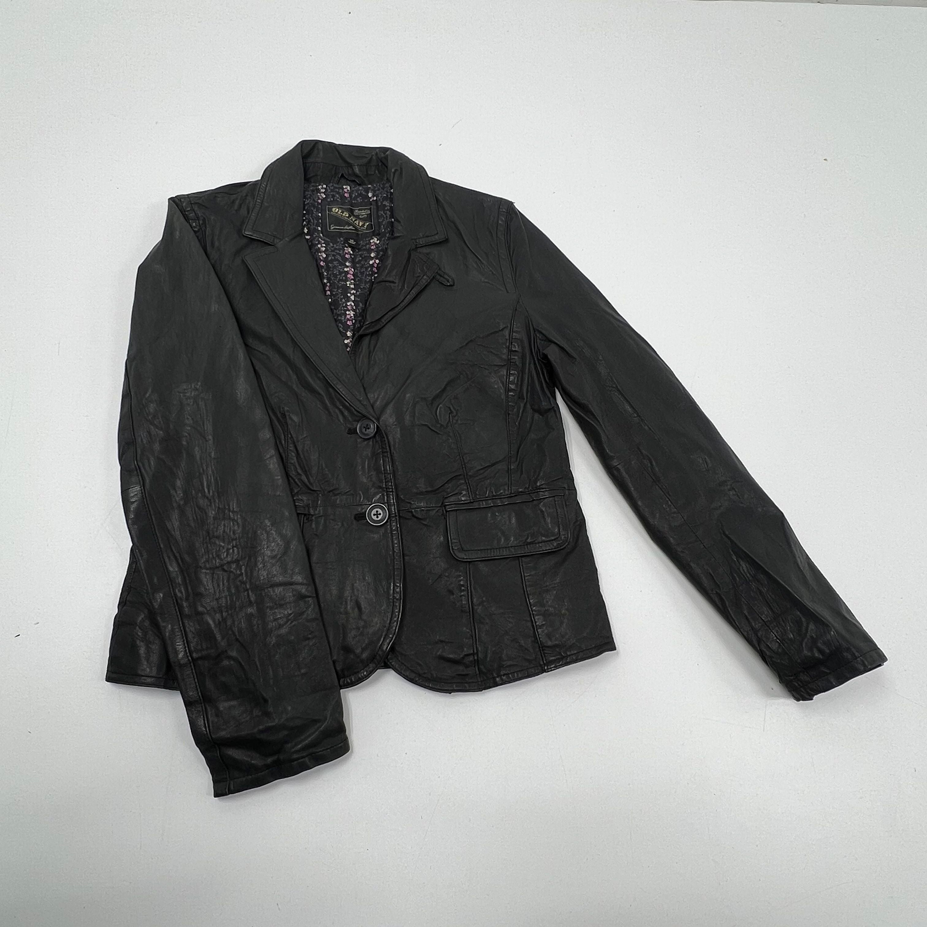 Vintage Y2K Old Navy Black Leather Blazer Floral Lined Jacket Womens M