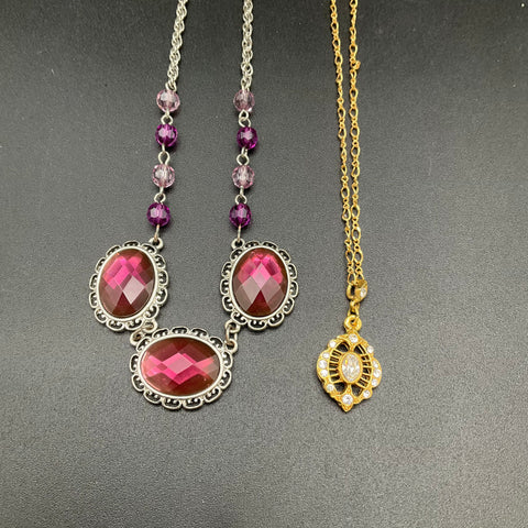1928 Jewelry Lot of 2 Necklaces Gold Silver Tone Rhinestone Purple Stone