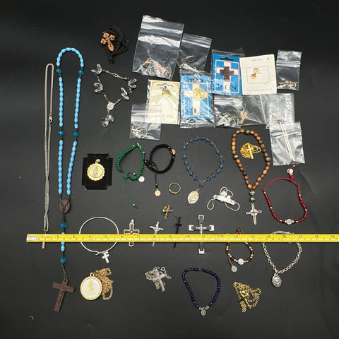 Religious Jewelry Lot 30+ Pcs Rosary Cross Pendant Necklace Bracelet Catholic