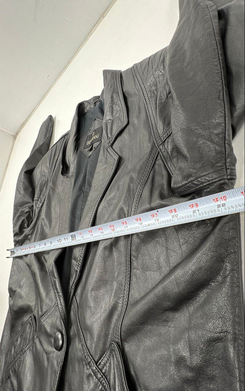 Vintage 90s Bermans Black Leather Long Trench Duster Coat Made in Korea Sz M