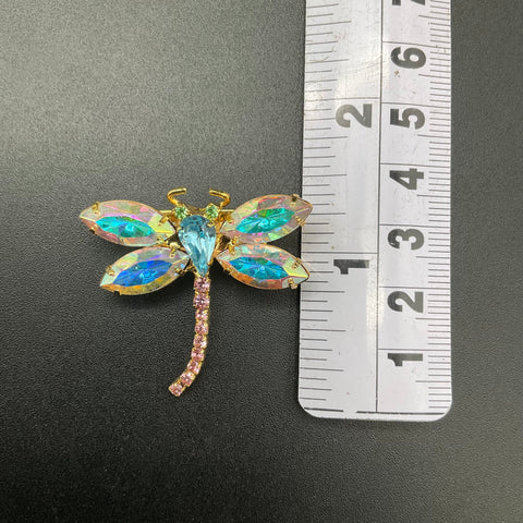 Vintage 1980s Gold Tone AB Rhinestone Dragonfly Brooch UV Reactive Eyes