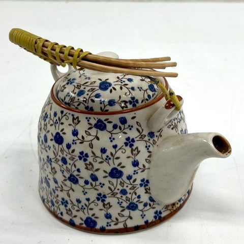 Ceramic Teapot Blue Floral Vine Pattern with Lid & Rattan Handle