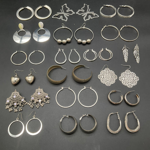 Silver Tone Fashion Jewelry Earring Lot 19 Pairs Hoops Dangles Butterfly Boho