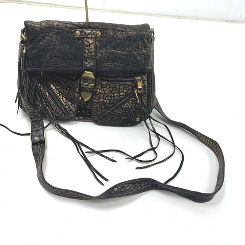 Rebecca Minkoff Copper Metallic Crackled Leather Flap Crossbody Bag Brass Tassel