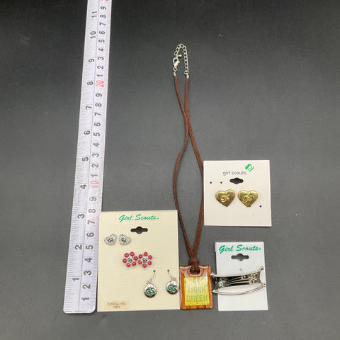 Girl Scouts Jewelry Lot 6 Items Necklace Barrette 4 Pairs Earrings Think Green
