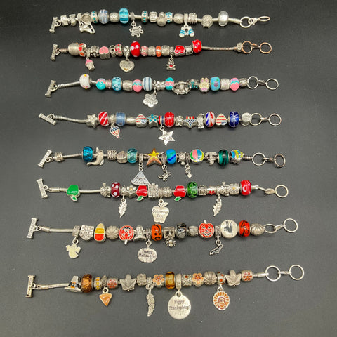 Holiday & Month Theme Charm Bracelet Lot of 8 Silver Tone Enamel Glass Beads
