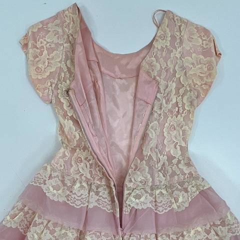 Vintage 60s Women's Pink Cream Tiered Ruffle Lace Fit & Flare Party Dress XS