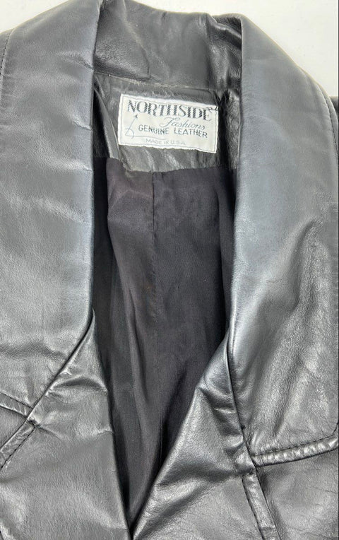 Vintage 80s Northside Fashions Women's Black Leather Reptile Trim Coat Sz L USA