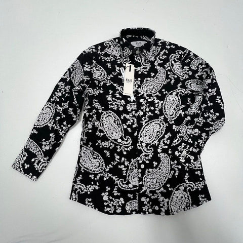 NWT Elie Balleh Black White Paisley Print Button Up Shirt Women's Size 10 S