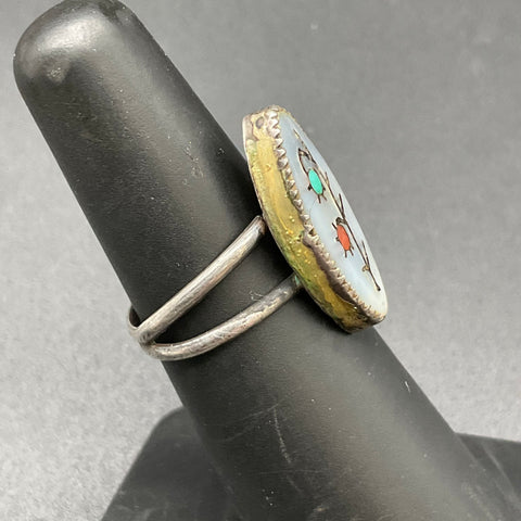 Vintage Mid-Century 900 Coin Silver Inlay Ring Mother of Pearl Turquoise Sz 5.5