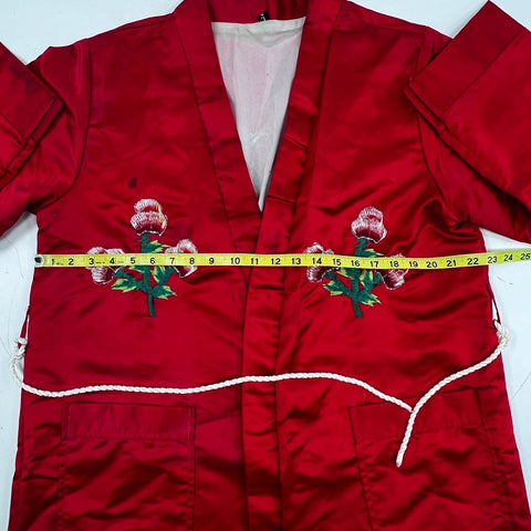 Vintage 90s Korean Red Satin Embroidered Floral Robe Dressing Gown Sz L