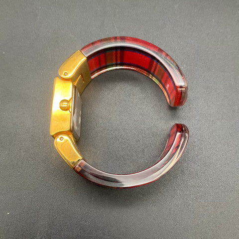 Joan Rivers Classics Gold Tone Red Plaid Cuff Bracelet Watch New Battery