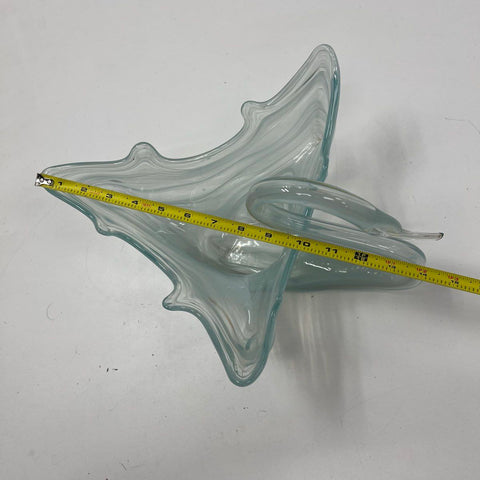 Vintage Hand Blown Art Glass Swan Bowl Dish Blue White Swirl Mid-Century Large