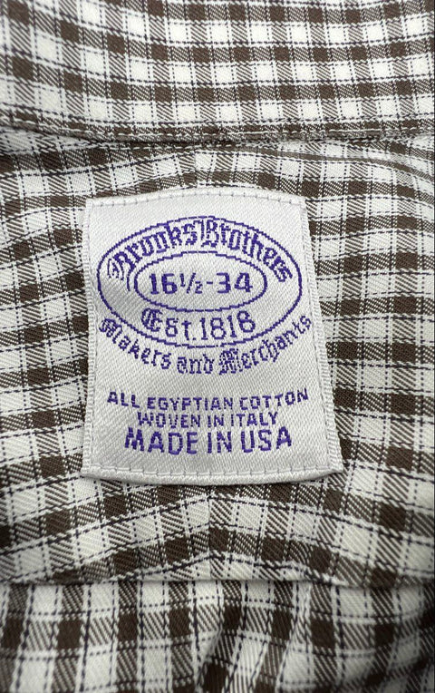 Vintage 90s Brooks Brothers Men's Brown Gingham Egyptian Cotton Shirt 16.5 34