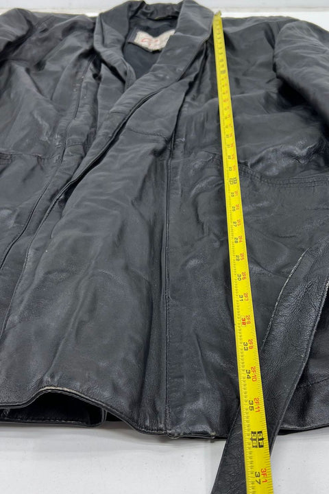 Vintage 80s Excelled Black Genuine Leather Belted Wrap Trench Coat Women's