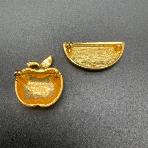 Vintage Enamel Fruit Brooch Pin Lot of 2 Watermelon Apple Rhinestone Gold Tone