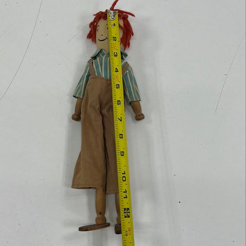 Vintage Wood Folk Art Doll Boy Figure Red Hair Overalls 12" Hand Painted
