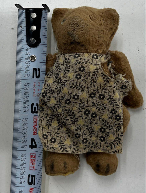Vintage Teddy Bear Brown Mohair Style 4.5 Inch Jointed With Floral Apron