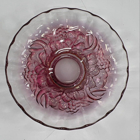 Pressed Glass Pink Carnival Grapes and Leaves Pedestal Bowl 12 Inch Vintage
