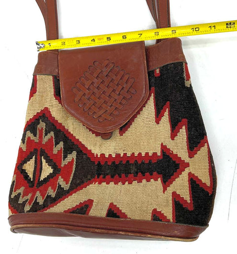 Vintage 90s Yun Art Brown Woven Kilim Southwestern Leather Shoulder Bag Tote