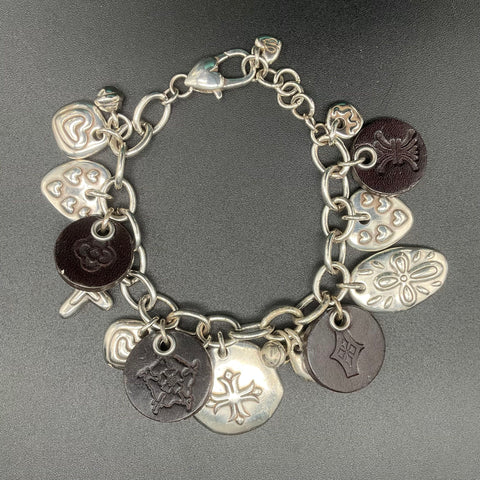 Brighton Amulet Charm Bracelet Silver Tone Leather Heart Cross Latin Words 7"