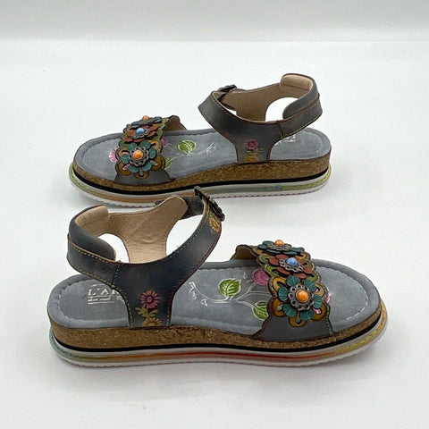 L'Artiste by Spring Step Floral Applique Grey Leather Platform Sandals Size 38