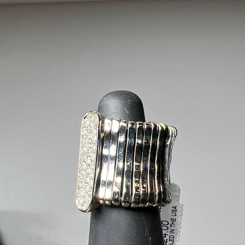 Chico's Delighted Rhinestone Silver Tone Stretch Adjustable Size Ring NWT