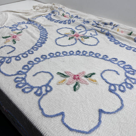 Vintage Chenille Bedspread White Blue Floral Embroidery Wavy Texture Mid Century
