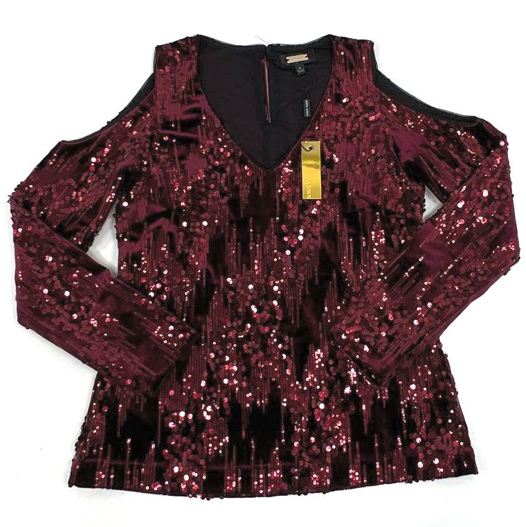 NWT Women's Alexa Admor Sequined Burgundy Velvet Cold Shoulder Top - Size Small