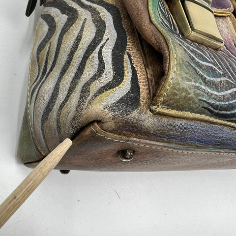 Anuschka Hand Painted Leather Shoulder Bag Peacock Animal Print Gold Hardware