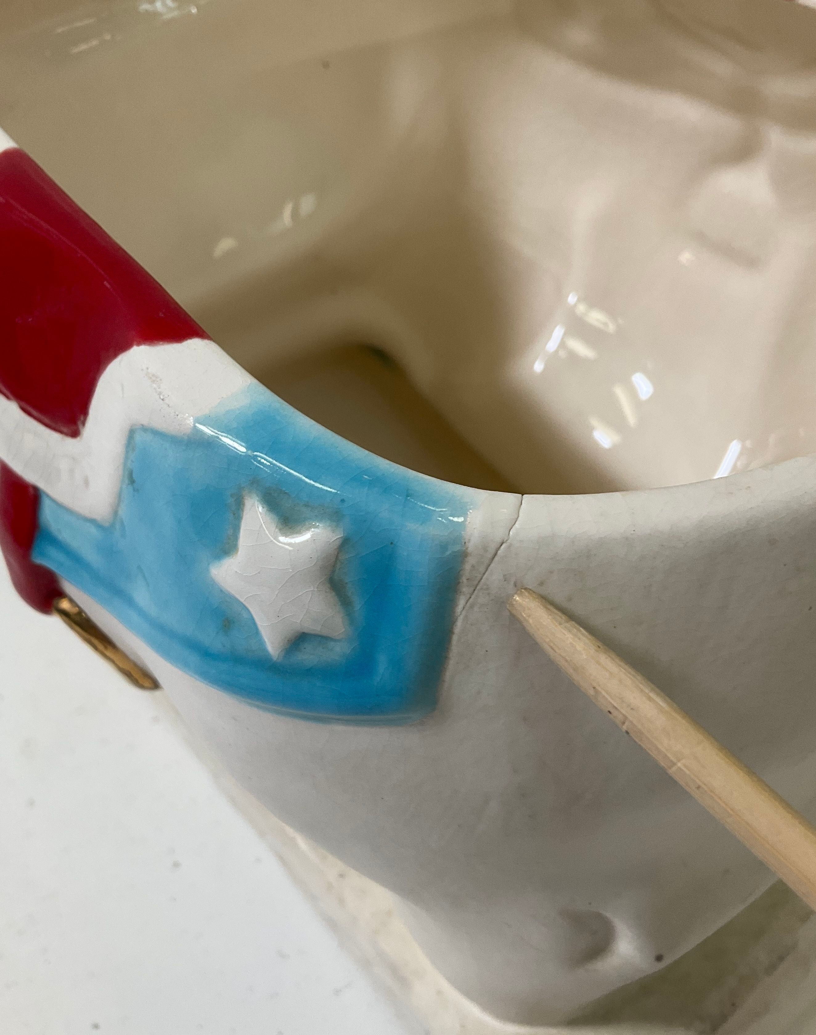 Vintage Alberta's Bisque Rocking Horse Cookie Jar White Red Blue Hand Painted