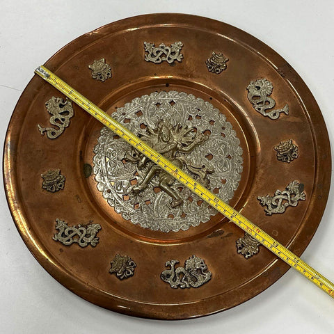 Vintage Copper Wall Hanging Plate Silver Tone Deity & Dragon Motifs 15 Inch