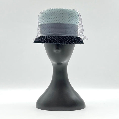 Vintage 60s Pillbox Hat with Veil Union Made Blue Gray Velvet 8" Diameter