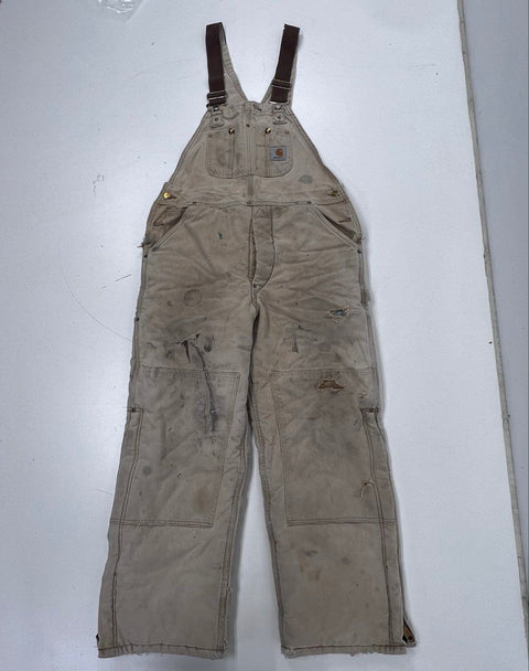 Vintage 90s Carhartt Quilt-Lined Double Knee Bib Overalls Distressed Sz 34x30