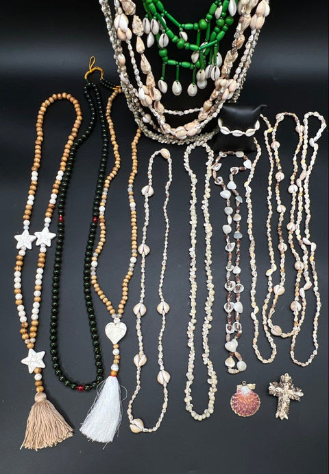 Boho Shell Jewelry Lot of 15 Vintage Cowrie Puka Necklaces Bracelet Earrings