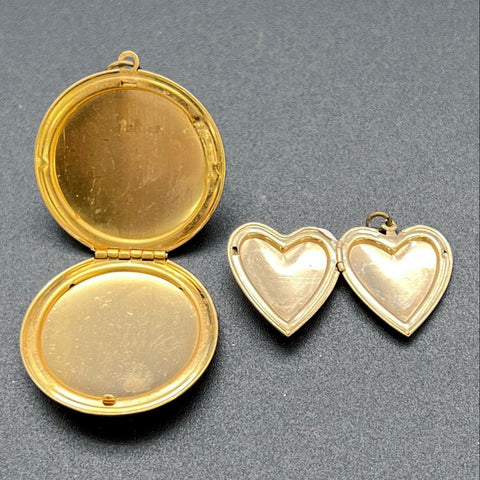 Vintage Gold Tone Jewelry Lot Floral Round Locket and Rhinestone Heart Locket