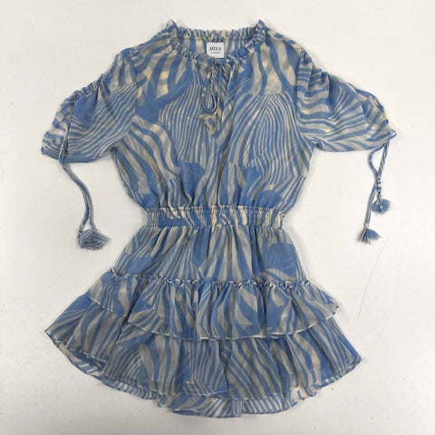 Misa Los Angeles Women's Blue White Zebra Print Ruffle Mini Dress Tassel Sz S