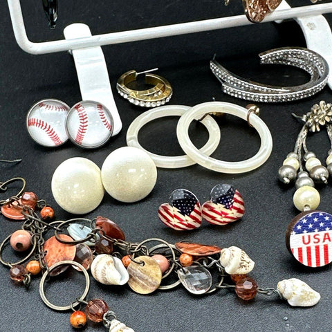 Mixed Fashion Costume Earrings Lot 35+ Pairs Hoop Dangle Stud Patriotic Boho