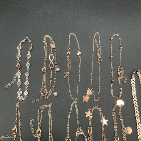 Rose Gold Tone Costume Anklet Jewelry Lot of 11 Pineapple Star Heart Handcuff
