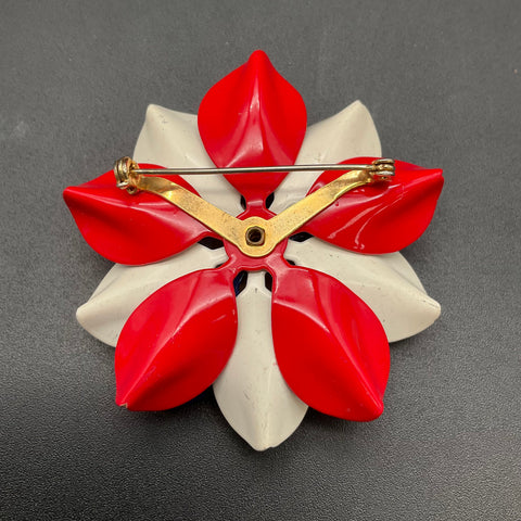Vintage Red White Blue Flower Enamel Brooch Patriotic Mid-Century Style 2.25"