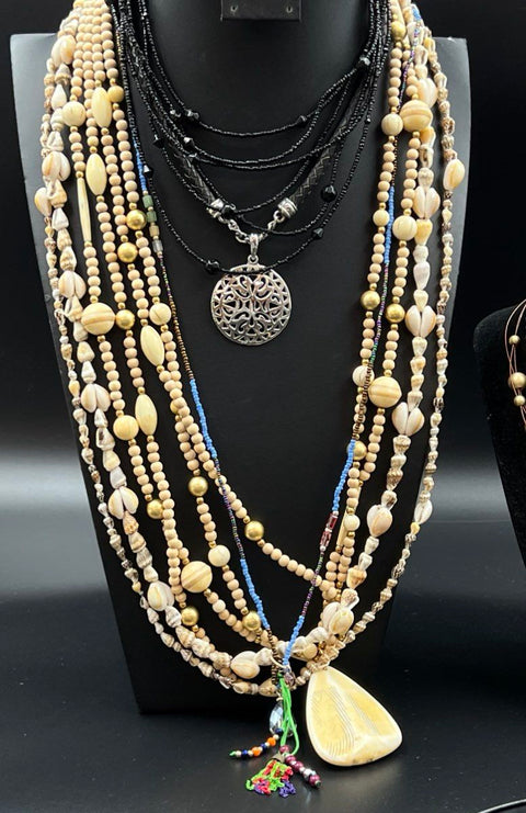 Boho Eclectic Mixed Necklace Jewelry Lot 12pc Shell Beaded Pendant Southwestern