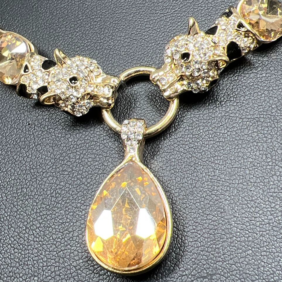White Crystal Champagne Glass Big Cat Leopard Necklace NIB