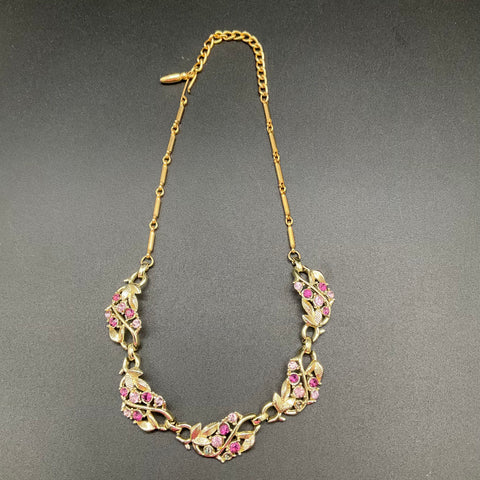 Vintage Gold Tone Rhinestone Floral Choker Necklace Lot of 2 Pink Amber