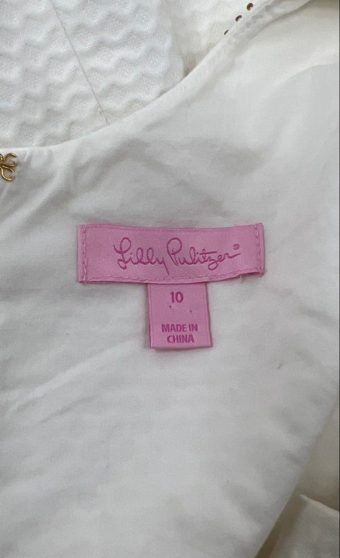 Lilly Pulitzer Women's White Seersucker Janice Shift Beaded Neckline Dress Sz 10