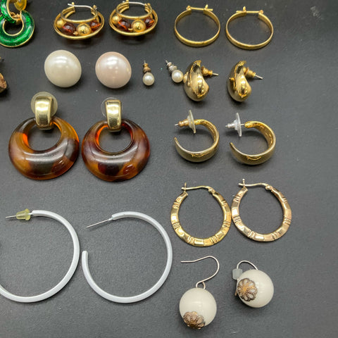 Vintage Faux Pearl Rhinestone Enamel Earring Lot 28 Pairs Hoops Studs Dangles