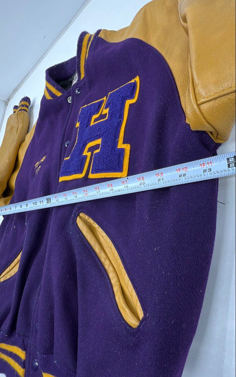 DeLong 2008 Varsity Letterman Jacket Purple Gold Leather Sleeves Made USA Sz L