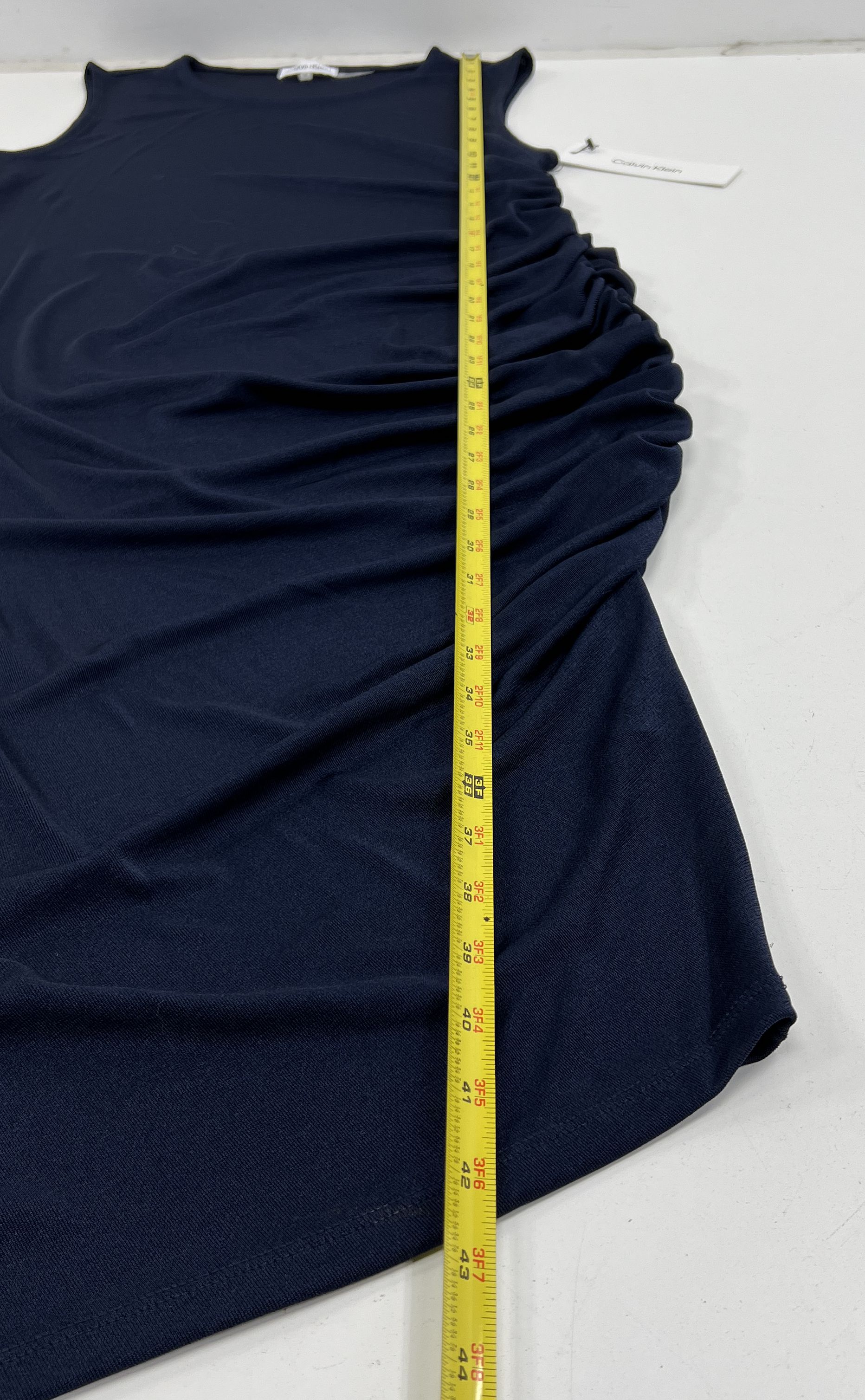 Calvin Klein Sleeveless Ruched Asymmetrical Hem Sheath Dress Navy Blue Size S